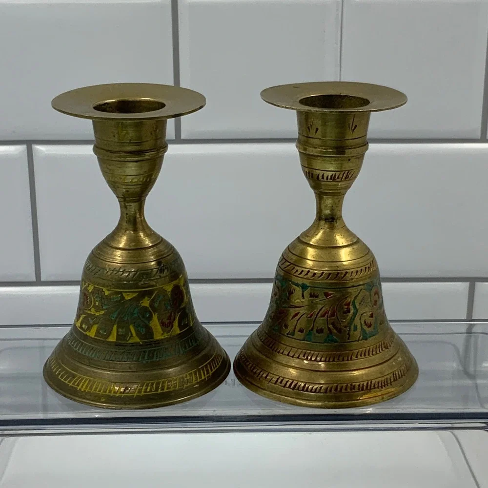 Vintage India Etched Floral Enamel Brass Bell Candle Holder Pair Gold 4.5in